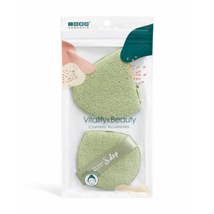 Packaged green cosmetic sponges with 'Vitality & Beauty' branding on a white background.