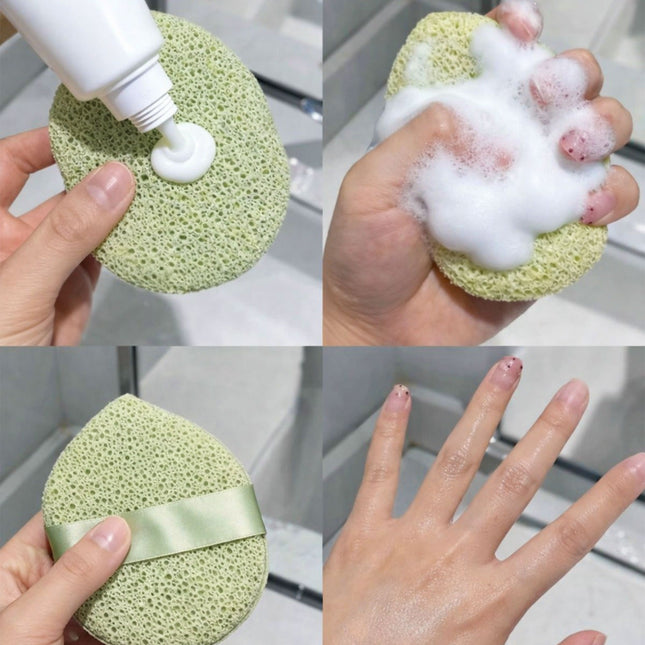 Green konjac sponge being used with a white bottle of cream, then with foam, and finally held by a hand.