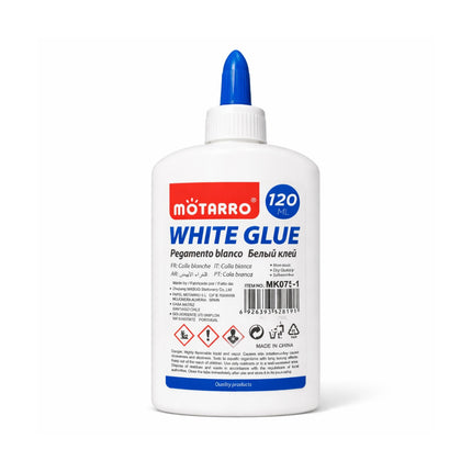 MOTARRO white glue bottle with blue cap on a white background