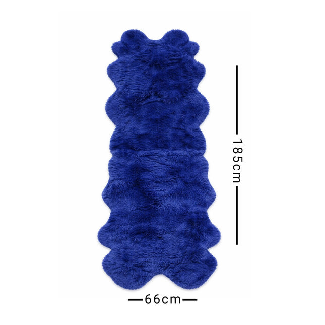 Blue fur rug with dimensions on a white background