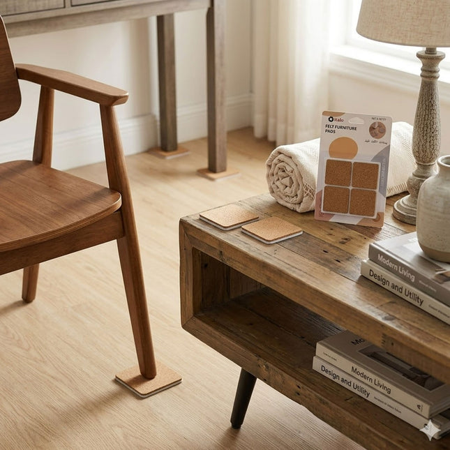 Wooden chair and table with a lamp and books in a room setting