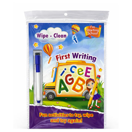 Wipe-clean educational book for children with a bus and alphabet design on the cover.