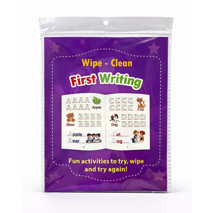 Wipe-clean educational activity book for first writing on a purple background