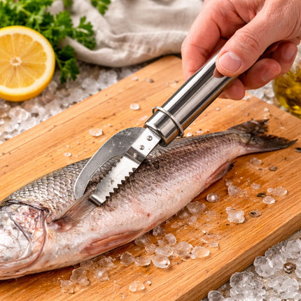 Fish being scaled with a scaler on a wooden cutting board with ice and lemon.