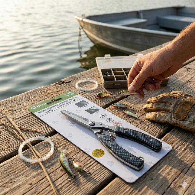 Fishing tools on a wooden dock with a boat in the background