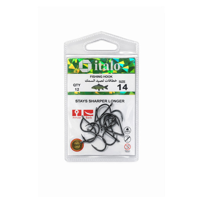 Pack of Gitalo fishing hooks with packaging details on a white background