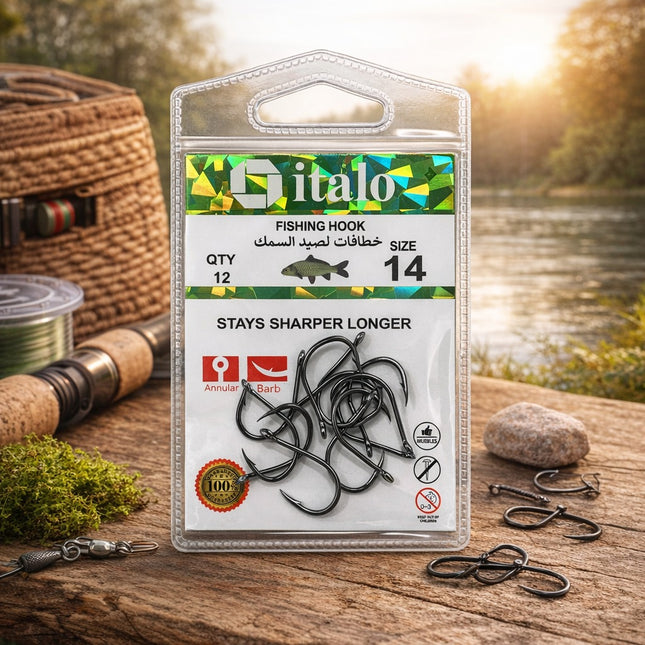 Italo fishing hook packaging with hooks displayed on a wooden surface near a lake.