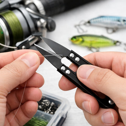 Person using a knife to cut fishing line with fishing equipment in the background