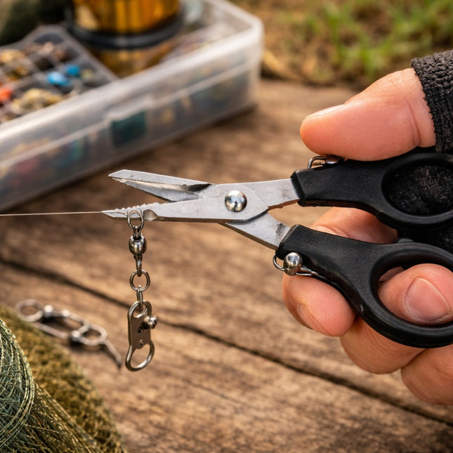 Fishing scissors being used to cut a fishing line with a fishing reel and line in the background.