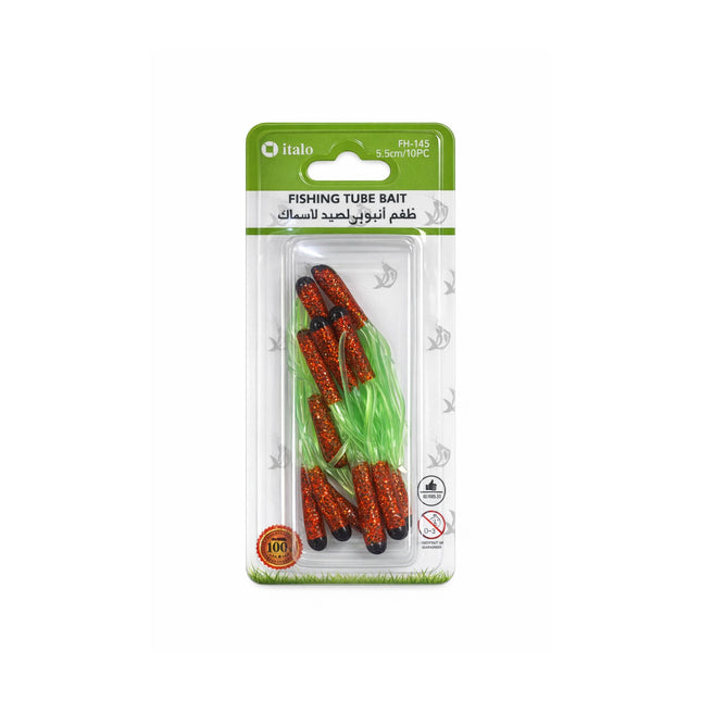 Packaged fishing tube bait with orange and black design on a white background