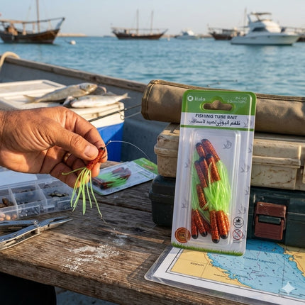 Fishing tube bait packaging with a hand holding a bait on a boat deck.