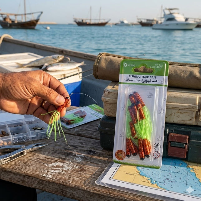 Fishing tube bait packaging with a hand holding a bait on a boat deck.