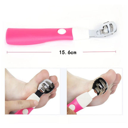 Pink and white tool with measurements and usage on a white background