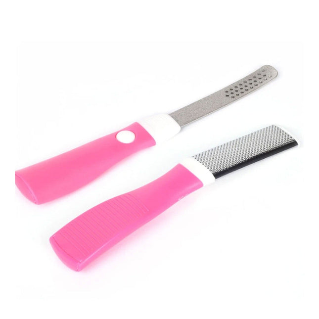 Pink and white foot file with black sanding surface on a white background