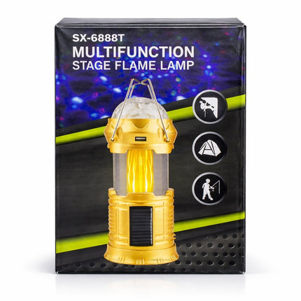 Multifunction stage flame lamp packaging with product image and features on a black background