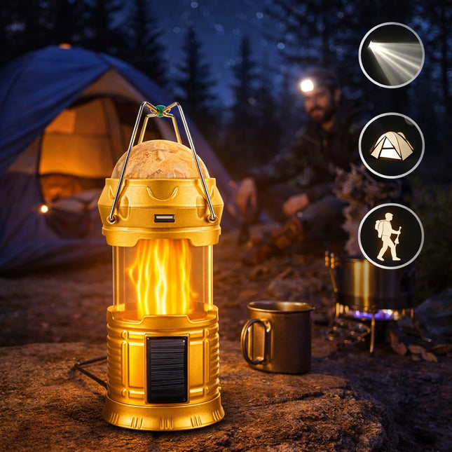 Camping lantern with a person in the background near a tent and campfire.