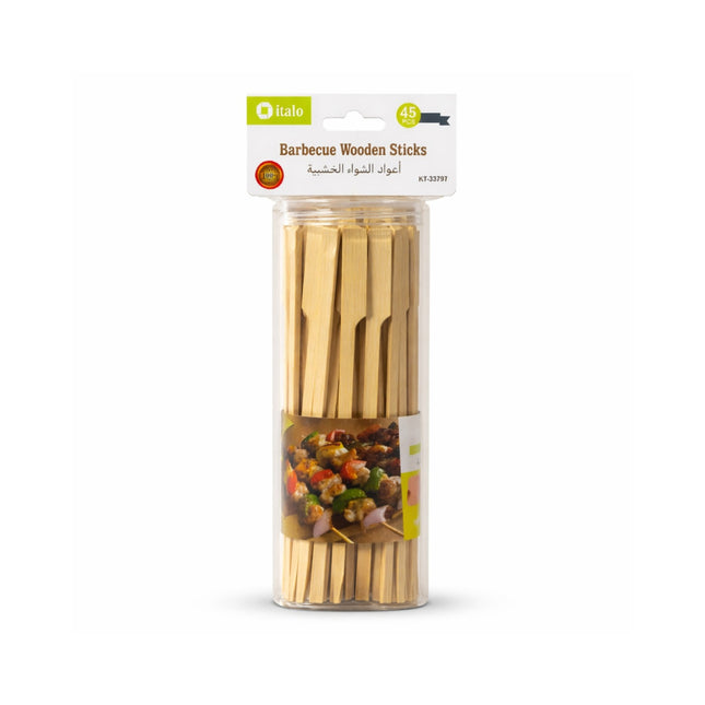Packaged barbecue wooden sticks with a visible brand label on a white background