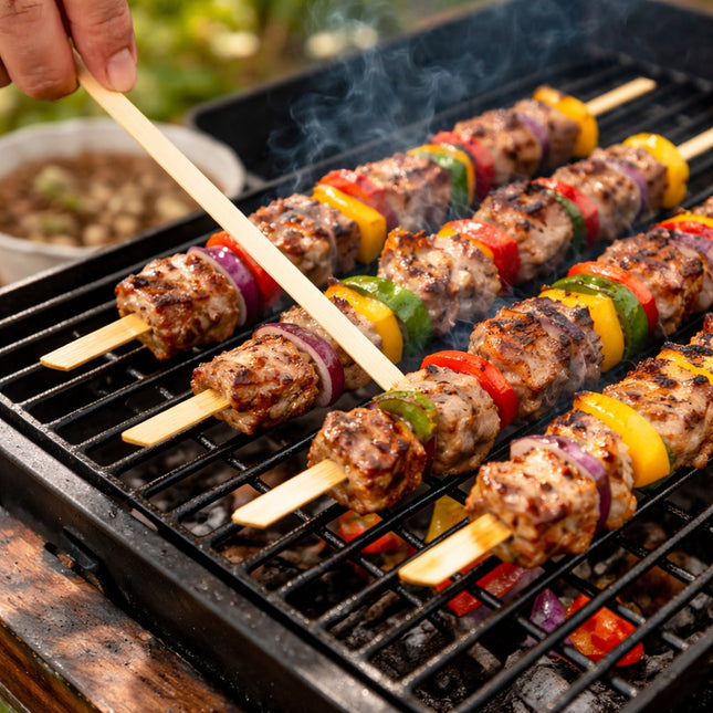 Skewers with meat and vegetables being grilled on a barbecue