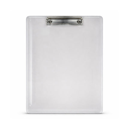 Clear plastic clipboard with metal clip on a white background