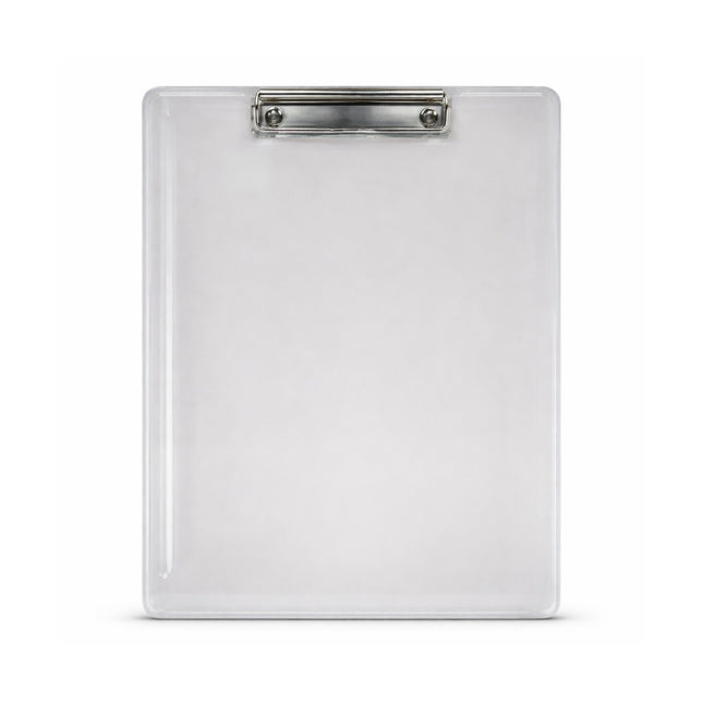 Clear plastic clipboard with metal clip on a white background