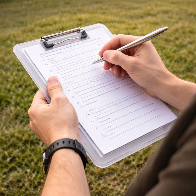 Person writing on a clipboard with a pen in an outdoor setting