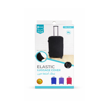 Packaging of an elastic luggage cover with a black suitcase on a white background