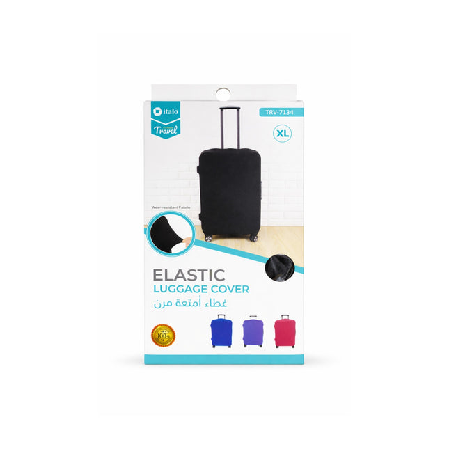 Packaging of an elastic luggage cover with a black suitcase on a white background