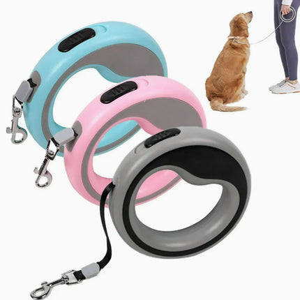 Retractable dog leashes in blue, pink, and gray with a dog on a leash in the background.