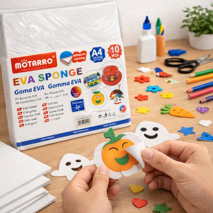 Mоторро EVA Sponge packaging with colorful foam shapes on a table.