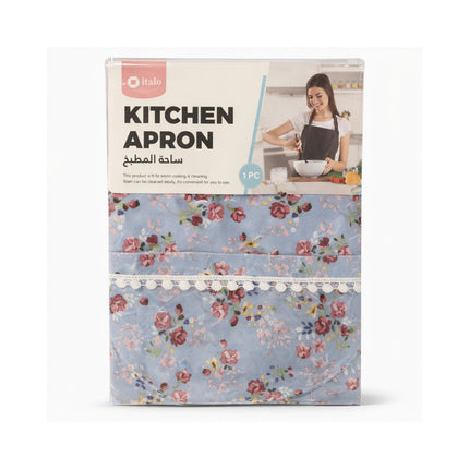 Packaged kitchen apron with floral design on a white background