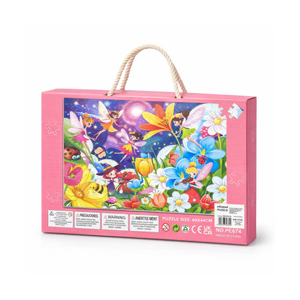 Puzzle box with fairy and flower design on a pink background