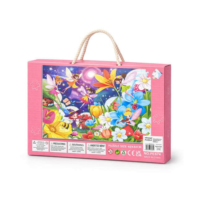Puzzle box with fairy and flower design on a pink background
