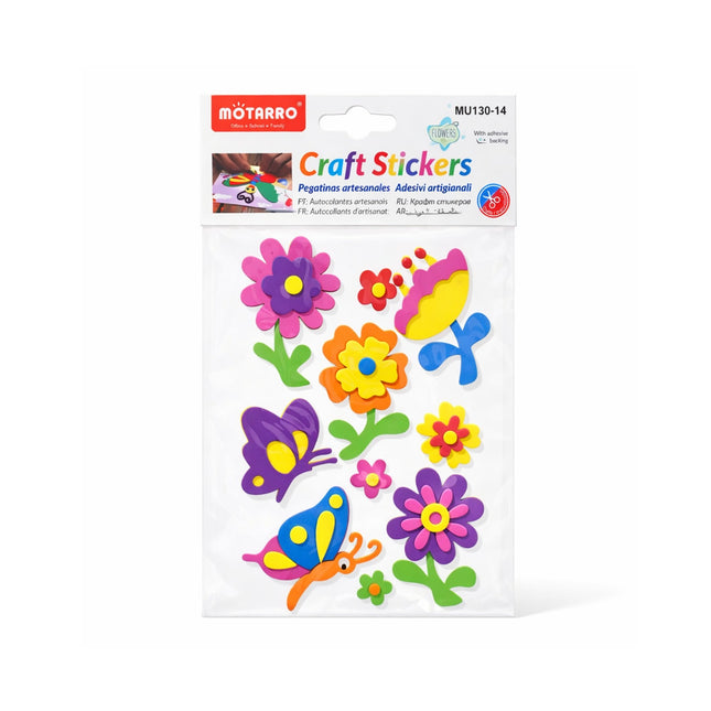 Pack of colorful craft stickers with flowers and butterflies on a white background