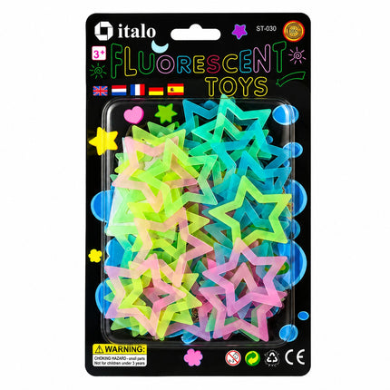 A package of Italo brand fluorescent star toys in multiple neon colors, displayed on a black backing card with colorful text and icons.