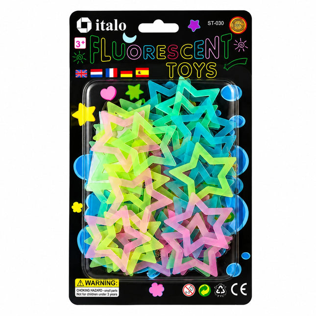 A package of Italo brand fluorescent star toys in multiple neon colors, displayed on a black backing card with colorful text and icons.