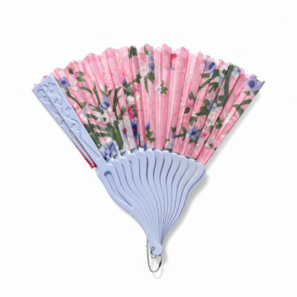Handheld fan with floral design and light blue handle on a white background