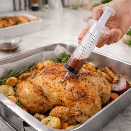 Person injecting a roasted chicken with a syringe in a kitchen setting