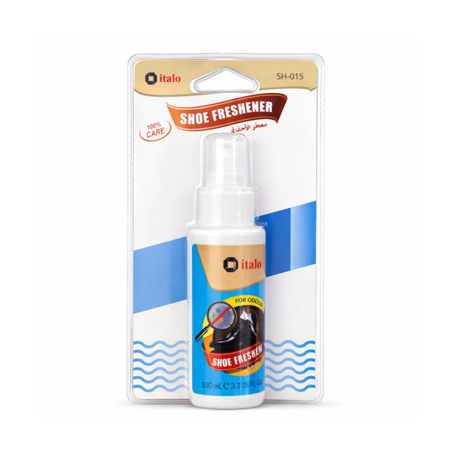 Italo shoe freshener spray bottle with packaging on a white background