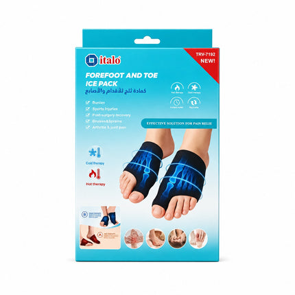Litaló Forefoot and Toe Ice Pack in its retail packaging, featuring a blue and white box with illustrations of the foot support device on feet.