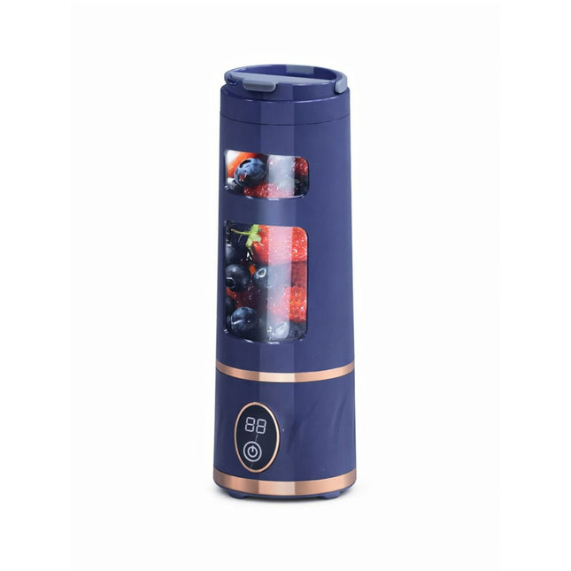 Navy blue portable blender with fruit inside on a white background