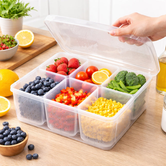 Transparent food storage container with compartments filled with fruits and vegetables on a wooden table.
