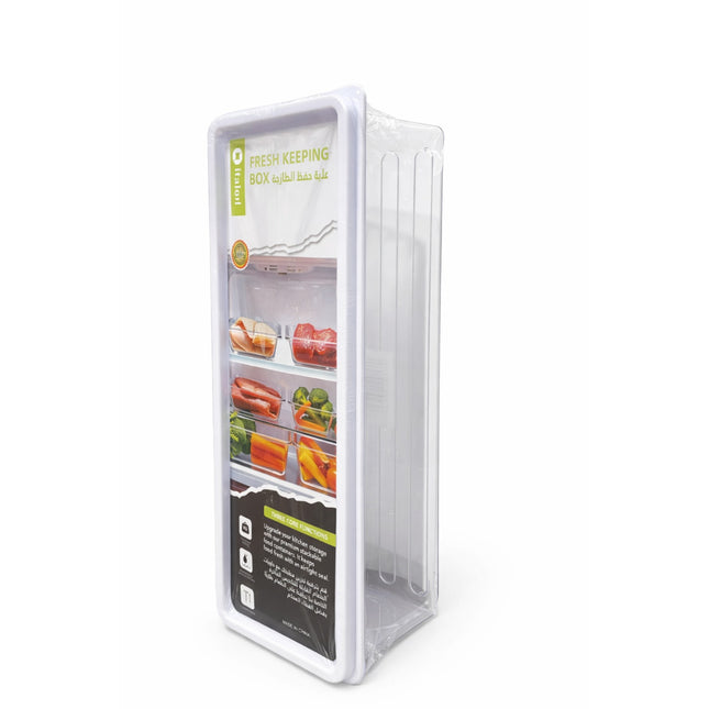 Transparent plastic food storage container with labeled compartments on a white background