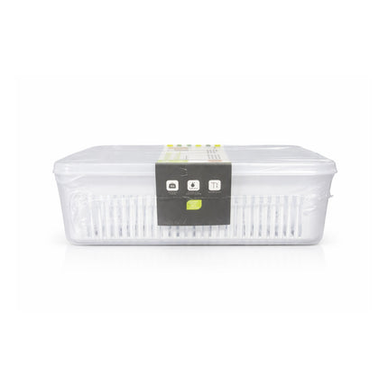 White plastic container with a label on a white background