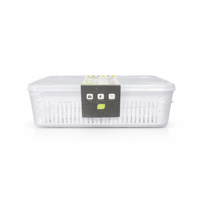White plastic container with a label on a white background