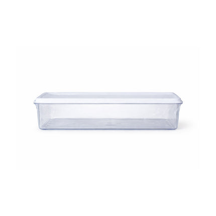 Clear plastic container with a lid on a white background