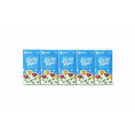 Five boxes of Italo Pocket Tissue with floral design on a white background