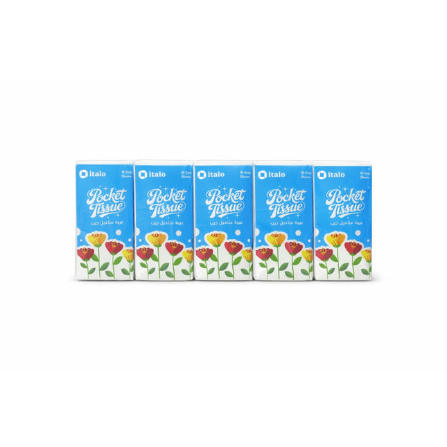 Five boxes of Italo Pocket Tissue with floral design on a white background