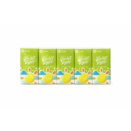 Five boxes of Hato pocket tissues with a green background
