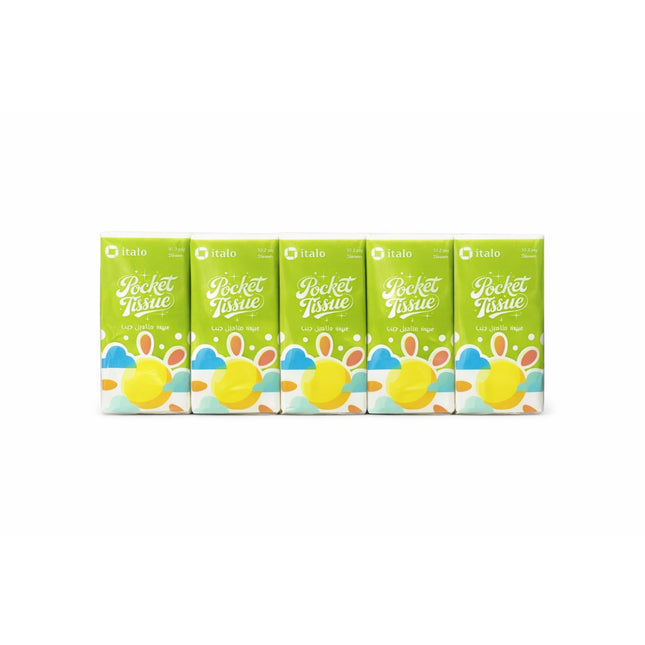 Five boxes of Hato pocket tissues with a green background
