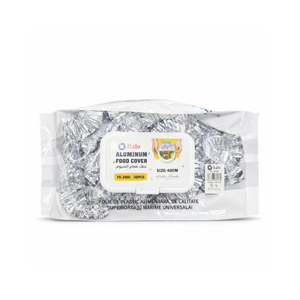 Packaged aluminum food cover with visible brand label on a white background
